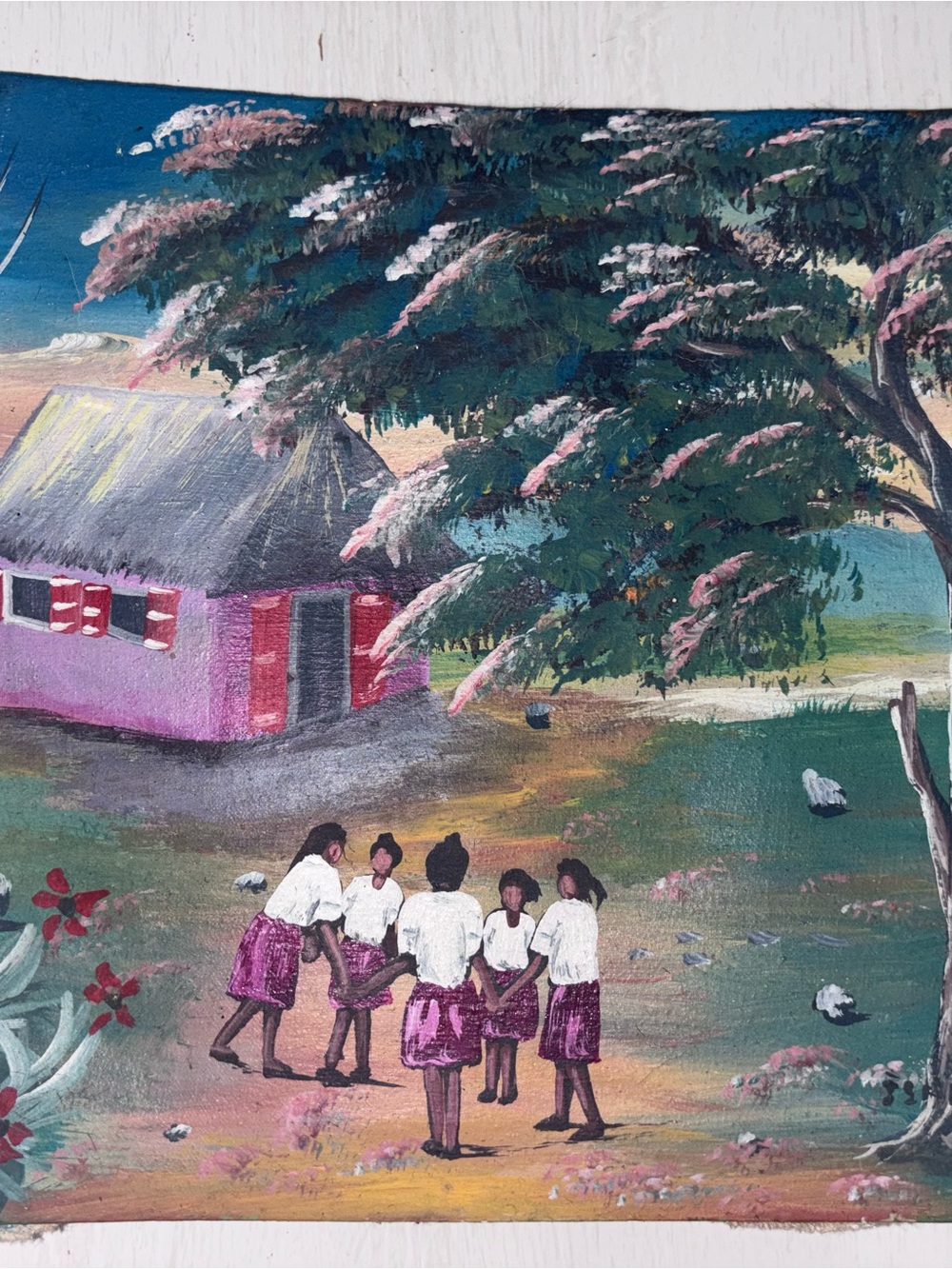 Haitian folk art Hand-Painted Village Scene Wall Art in Pink and Green